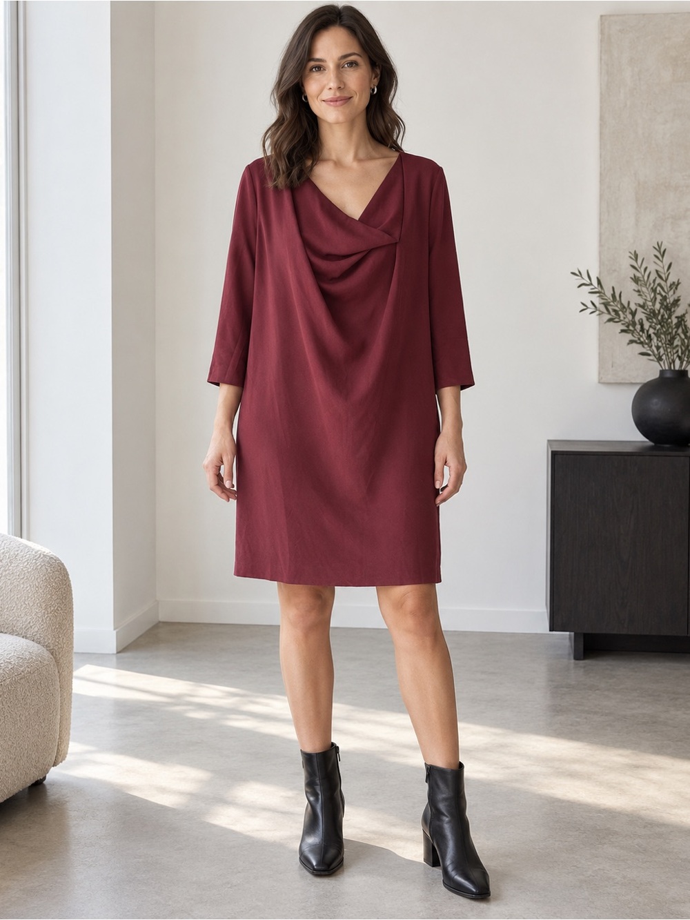 COS Burgundy Draped Cowl Neck Shift Mini Dress 3/4 Sleeve M Minimalist Chic Soft